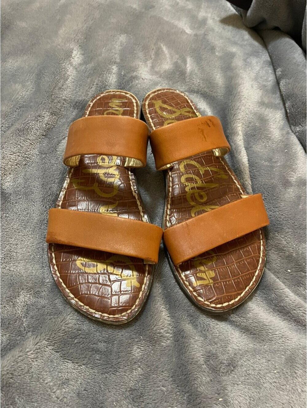 Sam Edelman Tan Croc-Embossed Slide Sandals Sz 7 - Picture 3 of 4